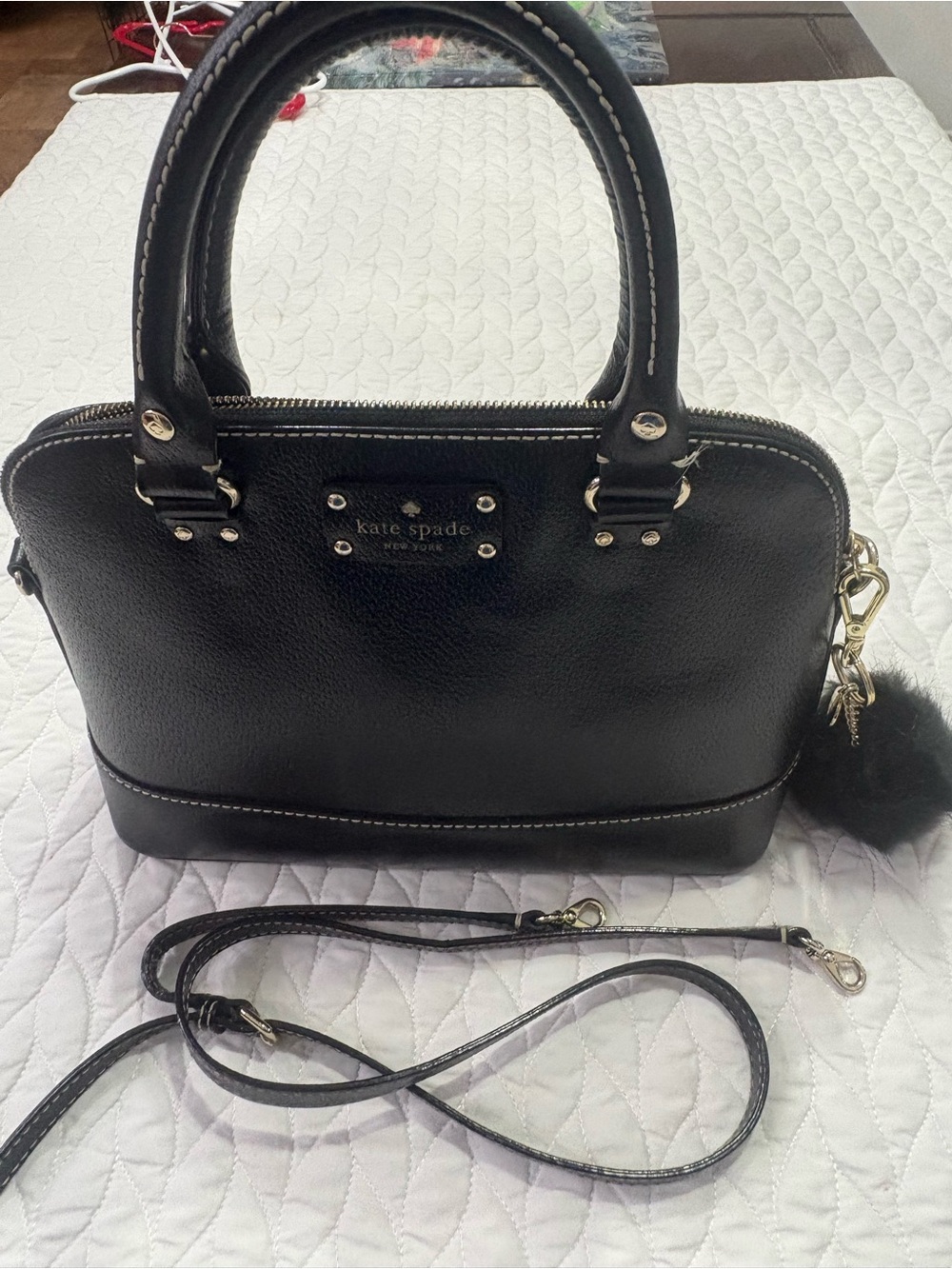 kate spade Black Pebbled Leather Dome Satchel with Pom Pom Charm